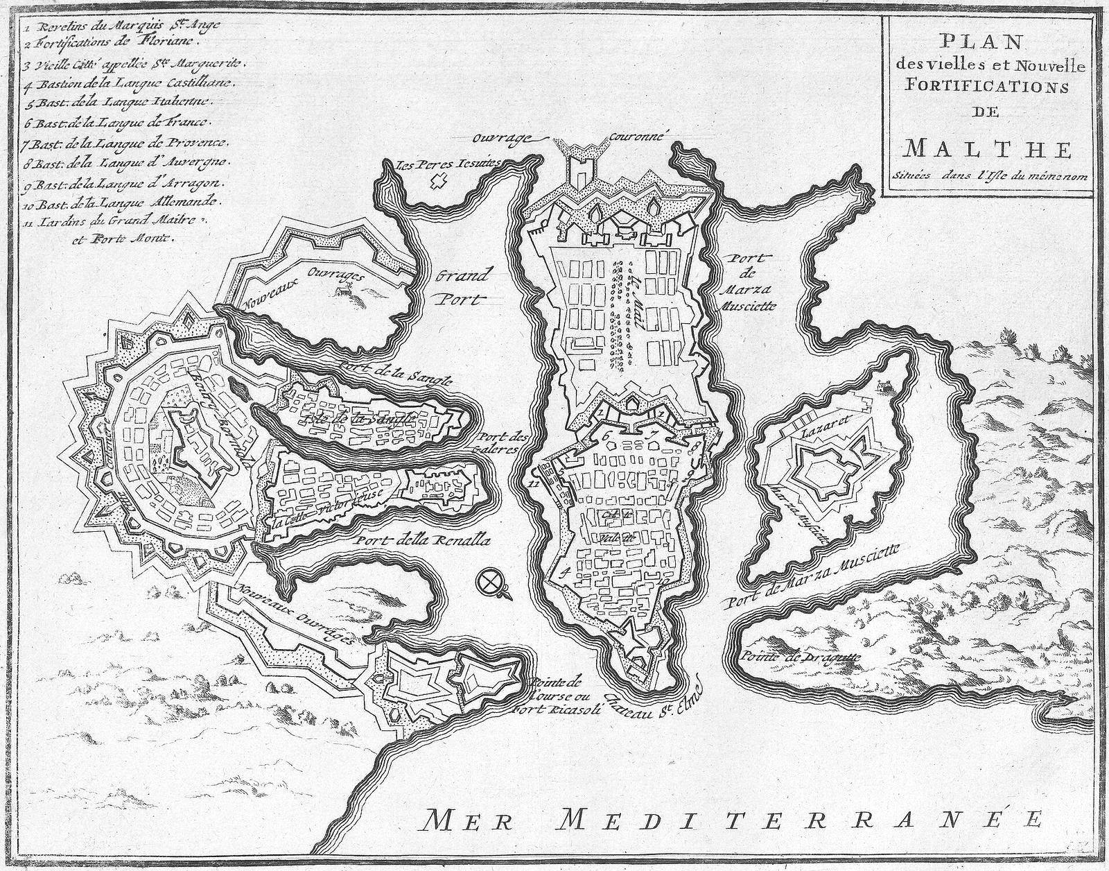 Engraved plan of the old and new fortifications of Malta around the Grand Harbour, with a numbered key of bastions, 1726